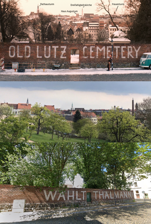 Opening scene of Grand Budapest Hotel (2014) combines shots from two locations: Nikolaifriedhof and Bergstraße.