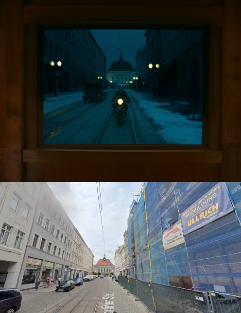 Next tram scene takes places on actual tram tracks, looking back at the train station in Görlitz.