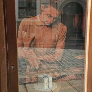 Window display at The Brown Stag paying homage to Grand Budapest Hotel.