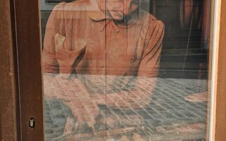 Window display at The Brown Stag paying homage to Grand Budapest Hotel.